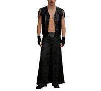 Generisch Gilet gothique punk avec gants - Ensemble hippie western avec franges - Veste sans manches médiévale des années 60 et 70 - Pour cosplay, carnaval, costume, Noir , XL