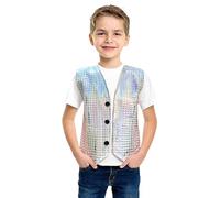 Generisch Gilet pour garçon inspiré du carnaval avec appliques carrées à paillettes patchwork pour spectacles de scène, fêtes (argent, 1-2 ans)