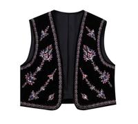 Generisch Gilet sans manches boléro pour femme Manteau court en velours avec col en V Perles brodées pour femme Gilet court Vêtements Streetwear, Noir , S