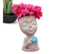 Generisch Grand pot de fleurs avec tête pour boire du café | Pot de fleurs d'intérieur avec yeux fermés, trou de drainage en résine pour plantes succulentes