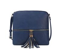 Generisch Grand sac messager couleur unie sangle réglable double fermeture éclair sac à bandoulière polyvalent avec pompon décoratif, bleu, Taille unique