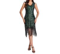 Generisch Grande taille franges personnalité paillettes perles pompons ourlet robe à rabat pour femmes, Vert foncé., XL