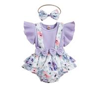 Generisch Grenouillère pour bébé fille avec manches à volants et motif floral arc-en-ciel, body pour nouveau-né avec nœud et bandeaux côtelés, corset serré, lilas, 9-12 mois