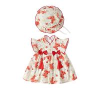 Generisch Grenouillère pour nouveau-né fille avec volants et manches mouches, adorable robe de bébé imprimé lapin avec bonnet pour bébé fille 146, rouge, 12-18 mois