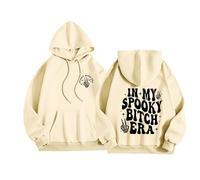 Generisch Halloween Day Sweat à capuche à manches longues pour femme avec lettres graphiques imprimées et cordon de serrage Pull Top Blouse d'abord essayer puis chiffres femmes, beige, M