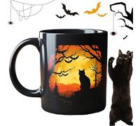 Generisch Halloween Midnight Mystery Black Cat Mug, 320 ml, lot de 4 tasses à café en céramique effrayante, avec design de château gothique, cadeau pour les amoureux des chats (A)