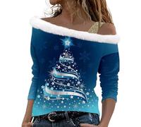 Generisch Haut à paillettes avec imprimé de Noël, épaules dénudées, manches longues, pull avec bretelles, pull de Noël, sweat-shirt de Noël pour filles, bleu foncé, XXL