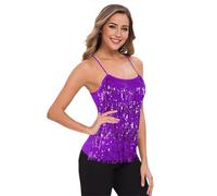 Generisch Haut à paillettes pour femme - Débardeur élégant pour femme - Bretelles spaghetti - Haut à franges - Débardeur sexy à paillettes - Camisole scintillante - Avec paillettes, lilas, XXL