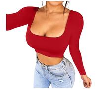 Generisch Haut court à manches longues pour femme - Carré - Col en U - Élégant - Vintage - Underwire Basic Skinny - Body d'entraînement - Vêtement de nuit classique - Couleur unie, O rouge., XL