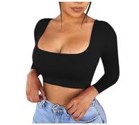 Generisch Haut court à manches longues pour femme - Carré - Col en U - Élégant - Vintage - Underwire Basic Skinny - Body d'entraînement - Vêtement de nuit classique - Couleur unie, O Noir., M