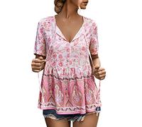 Generisch Haut d'été décontracté pour femme, style bohème, col en V, manches courtes, tunique élégante, Rose, M