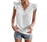 Generisch Haut d'été en dentelle pour femme à manches courtes col en V, Blanc., XL