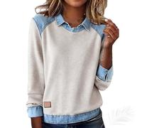 Generisch Haut en tricot gaufré avec col en jean pour femme - Manches longues - Boutonnière sur le devant - Pull à manches longues - Tenue de bureau décontractée, Abricot, 3XL