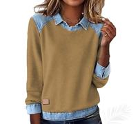 Generisch Haut en tricot gaufré avec col en jean pour femme - Manches longues - Boutonnière sur le devant - Pull à manches longues - Tenue de bureau décontractée, jaune, XL