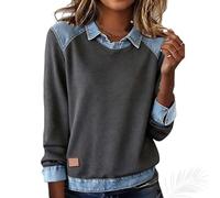 Generisch Haut en tricot gaufré avec col en jean pour femme - Manches longues - Boutonnière sur le devant - Pull à manches longues - Tenue de bureau décontractée, gris foncé, L