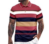 Generisch Haut européen rayé avec revers et col ouvert et poche pour homme, décontracté, confortable, tendance, affaires, commerce extérieur, chemise à manches courtes, rouge, 4XL