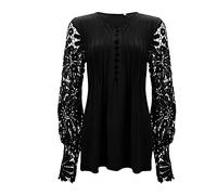 Generisch Haut grande taille printemps automne pour femme avec manches en dentelle, tissu plissé pressé, boutonnière intégrale et coupe ample confortable, design élégant au quotidien, Noir , XXL