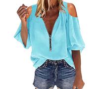 Generisch Haut tunique pour femme avec fermeture éclair et col en V dans un design uni comme chemisier décontracté à manches courtes pour un ajustement décontracté, bleu, XXL