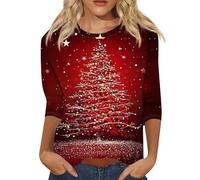 Generisch Hauts festifs pour femmes Pull de Noël à manches 3/4 Imprimé Arbre de Noël Hauts de Noël Hauts de Noël à la mode avec col rond Pull de Noël Pull de Noël, rouge, L