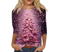 Generisch Hauts festifs pour femmes Pull de Noël à manches 3/4 Imprimé Arbre de Noël Hauts de Noël Hauts de Noël à la mode avec col rond Pull de Noël Pull de Noël, Rose chaud, M