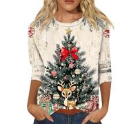 Generisch Hauts festifs pour femmes Pull de Noël à manches 3/4 Imprimé Arbre de Noël Hauts de Noël Hauts de Noël à la mode avec col rond Pull de Noël Pull de Noël, Vert clair, 3XL