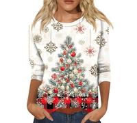 Generisch Hauts festifs pour femmes Pull de Noël à manches 3/4 Imprimé Arbre de Noël Hauts de Noël Hauts de Noël à la mode avec col rond Pull de Noël Pull de Noël, Blanc., XL
