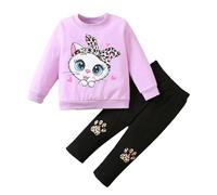 Generisch Hiver Enfants Filles Enfant Bébé Fille Manches Longues Mignon Cartoon Animaux Tops Blouse Imprimé Léopard Pantalons Tenues Ensemble 2 Pièces Vêtements, lilas, 3-4 ans