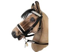 Generisch Hobby Horse Bride noire avec strass, rembourrage blanc, ferrures métalliques argentées, avec rênes