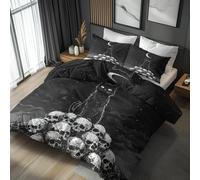 Generisch Housse De Couette Gothique Chat 140x200 Adulte Enfant, Parure De Lit Tombe Lune étoile Crâne 1 Person avec Fermeture éclair, 1 Taie d'oreiller, Linge De Lit 100% Microfibre