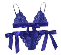 Generisch Jakobus Dentelle Bébé Nœud Femmes Sous-vêtements sur le côté Soutien-gorge Ensemble Trim Cravate Culotte, bleu, L