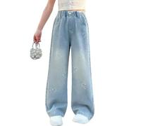 Generisch Jean à jambes larges pour fille - Léger et décontracté - Coupe ample - Pour adolescents - Tendance - En coton denim - Pour l'école, les loisirs, l'extérieur, bleu ciel, 4-5 ans