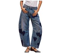 Generisch Jean baril pour femme avec motif cœur - Taille moyenne - Décontracté - Confortable - Pantalon Boyfriend Denim, bleu, XXL