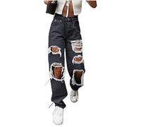 Generisch Jean boyfriend taille haute pour femme avec trous, ample | Jean long déchiré à jambe large - Pantalon droit - Pantalon décontracté - Doux - Stretch - Pantalon baggy slim - Pantalon de