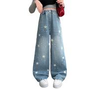 Generisch Jean coupe droite avec motif étoilé pour filles, coupe ample, pantalon de loisirs confortable pour adolescents, garçons, femmes, idéal au quotidien, bleu, 4-5 ans