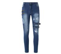 Generisch Jean droit pour homme - Stretch - Pantalon à enfiler - Pantalon cargo élégant - Poches cargo pour homme - Pantalon skinny avec effets usés - Effet délavé, bleu, L