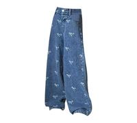 Generisch Jean pour fille au look usé déchiré, délavé, jambes larges, jeans baggy décontracté, taille 5 à 14, pantalon avec trous pour enfants filles, bleu, 6-7 ans