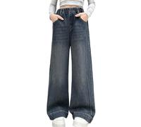 Generisch Jean pour fille avec jambe droite, coupe large, style décontracté - Pantalon extensible confortable pour les plus grandes, bleu, 8-9 ans