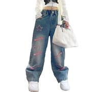 Generisch Jean pour fille avec motif cœur taille haute élastique extensible jambe large pantalon denim look usé mignon décontracté, Pantalon E4 bleu, 13-14 ans