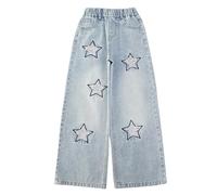 Generisch Jean pour fille avec motif étoilé, jambe droite usée, coupe ample, coupe large, pantalon décontracté pour le quotidien, bleu clair, 4-5 ans