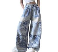 Generisch Jean pour fille - Avec trou - Bleu denim - Pour enfant - Vintage - Avec jambes larges - Décontracté - 120-160, bleu, 13-14 ans