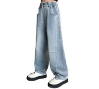 Generisch Jean pour filles avec motif cœur taille haute élastique extensible jambe large jean en denim look usé mignon décontracté jean avec patch, 8-9 ans