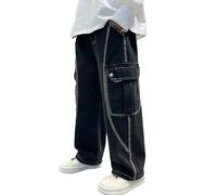 Generisch Jean pour garçon - Pantalon cargo décontracté avec taille élastique, Pantalon D15 noir, 13-14 ans