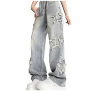 Generisch Jean Star taille haute pour femme - Jean brodé chic avec jambe droite - Coupe étroite avec jambe large - Legging pour femme - Grandes tailles, bleu, XXL