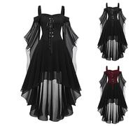 Generisch Jeux d'ombre de nuit : robe gothique médiévale. Couleur bordeaux veloutée, manches chauve-souris dénudées, encolure en dentelle enveloppant mysticisme. Robe de soirée d'Halloween pour femme