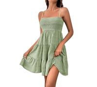 Generisch Jolie mini robe d'été avec détails smocks et bretelles spaghetti - Robe caraco décontractée avec smock, bretelles spaghetti et encolure carrée, Vert clair, XXL