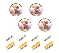 Generisch Jolis Boutons de Porte et de tiroir en Forme de Vaches Highland écossaises Brunes avec des Motifs Lavande, 32 mm (1,26 Pouce), pour Vestibule (Lot de 4).