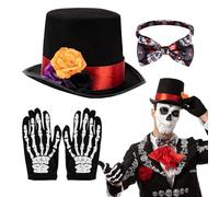 Generisch Jour du costume - Ensemble de costume squelette, paire de gants squelettes, chapeau et nœud papillon pour homme - Costume d'Halloween et cosplay