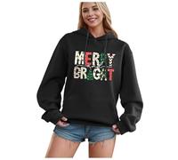 Generisch Joyeux Noël Sweatshirt pour Adolescentes Filles Femmes Sweats à Capuche Pull Mignon avec Lettres Imprimées Cordon de Serrage Haut à Capuche avec Poches, Noir , 3XL
