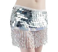 Generisch Jupe à paillettes pour femme - Jupe à pompons steampunk - Danse du ventre - Paillettes - Écharpe de hanche - Carnaval - Franges - Costume de rave - Costume rétro