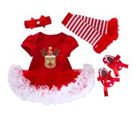 Generisch Jupe barboteuse à manches courtes imprimée de Noël pour bébé avec bandeau chaussures manches jambes 4 pièces costume pour enfant, beige, 1-2 ans